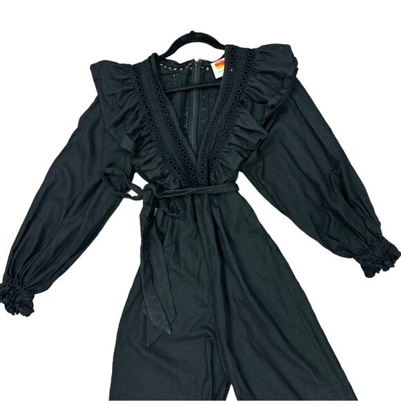 Farm Rio Black Lace Ruffle Long Sleeve V-Neck Jumpsuit Size XS - Picture 3 of 11